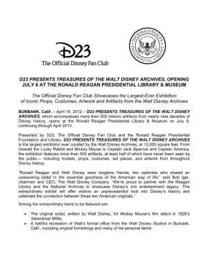 D23 Presents Treasures of the Walt Disney Archives, Opening July 6 at the Ronald Reagan Presidential Library & Museum
