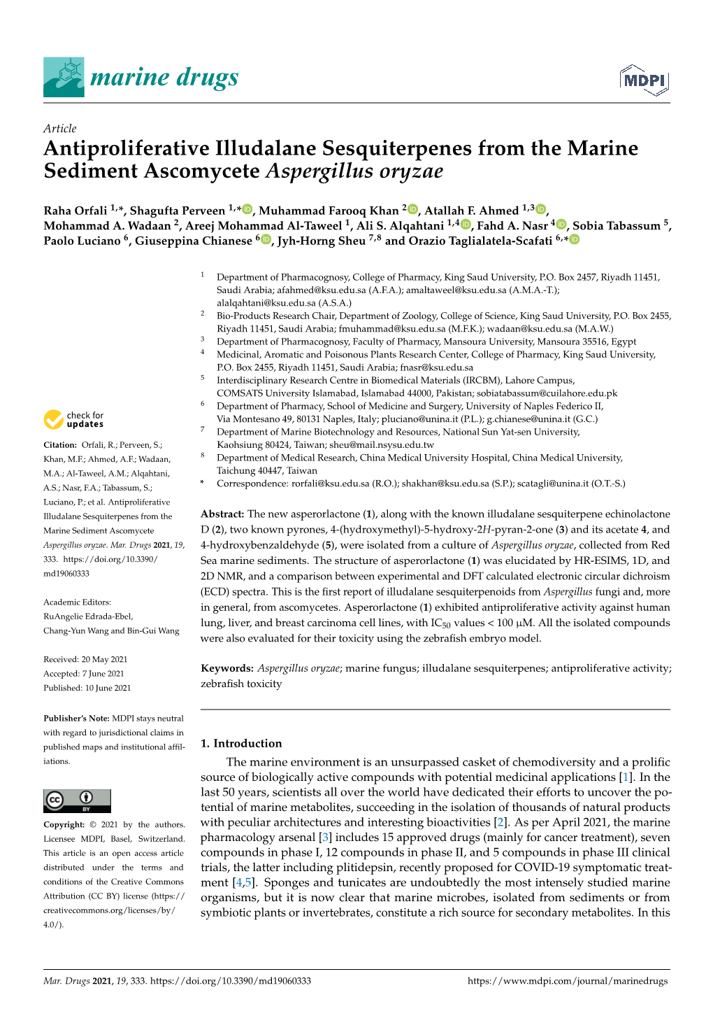 Antiproliferative Illudalane Sesquiterpenes from the Marine Sediment Ascomycete Aspergillus Oryzae