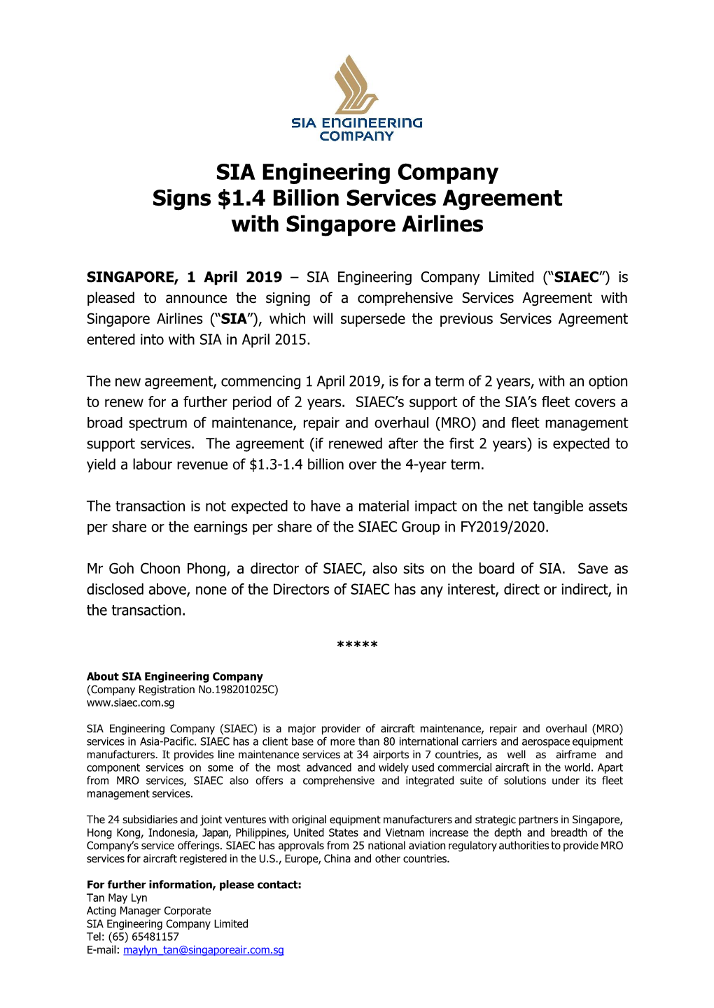 SIA Engineering Company Signs $1.4 Billion Services Agreement with Singapore Airlines