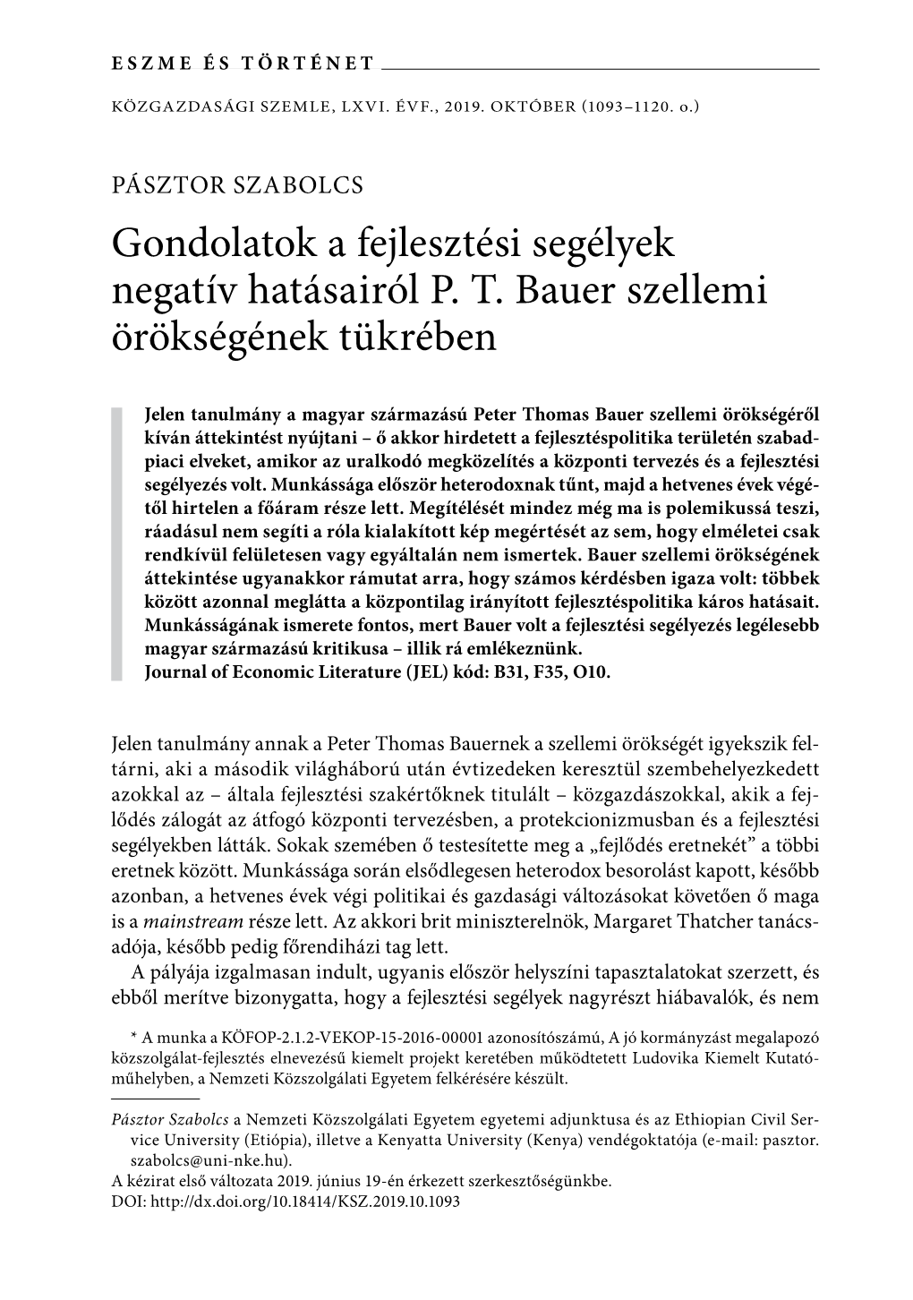 Gondolatok a Fejlesztési Segélyek Negatív Hatásairól P. T. Bauer Szellemi Örökségének Tükrében