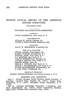 Eighth Annual Eepokt of the American Jewish Committee November S, 1914