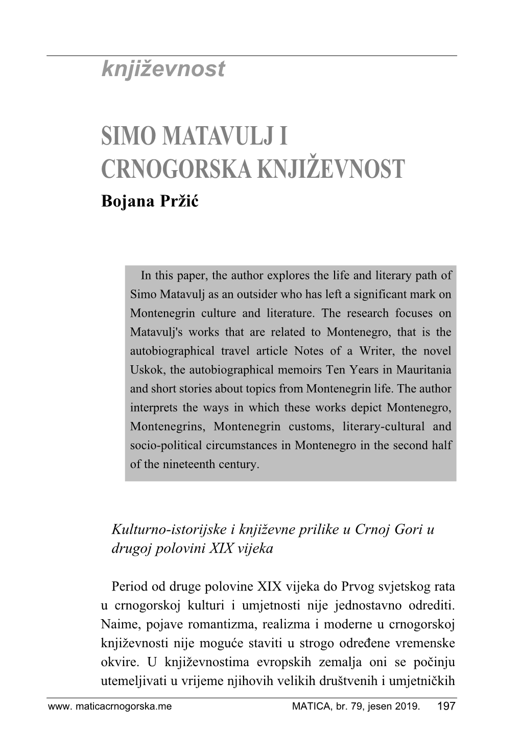 SIMO MATAVULJ I CRNOGORSKA KNJIŽEVNOST Bojana Pržić