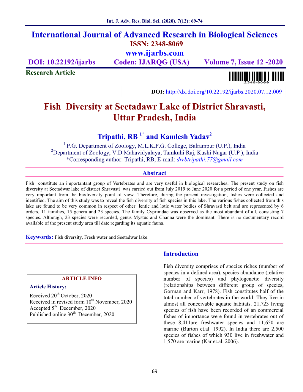 Fish Diversity at Seetadawr Lake of District Shravasti, Uttar Pradesh, India