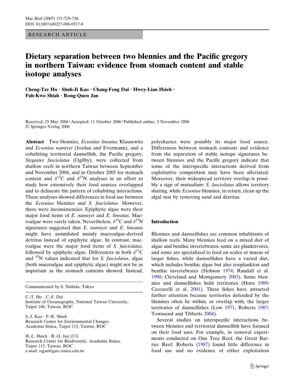 Dietary Separation Between Two Blennies and the Pacific Gregory in Northern Taiwan: Evidence from Stomach Content and Stable