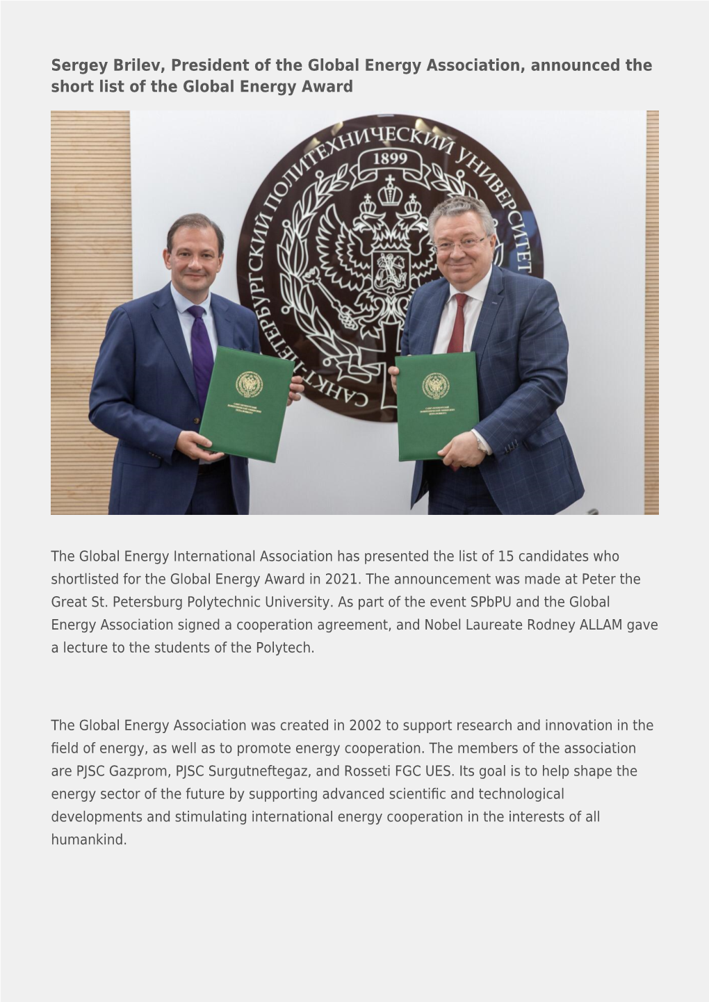 Sergey Brilev, President of the Global Energy Association, Announced the Short List of the Global Energy Award