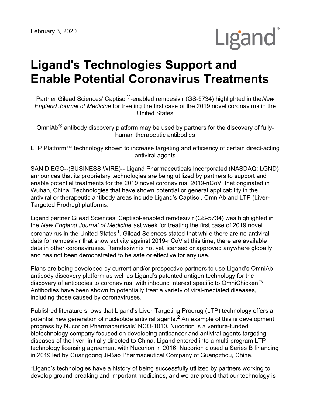 Ligand's Technologies Support and Enable Potential Coronavirus Treatments