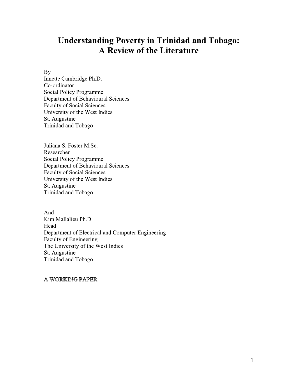 Understanding Poverty in Trinidad and Tobago: a Review of the Literature