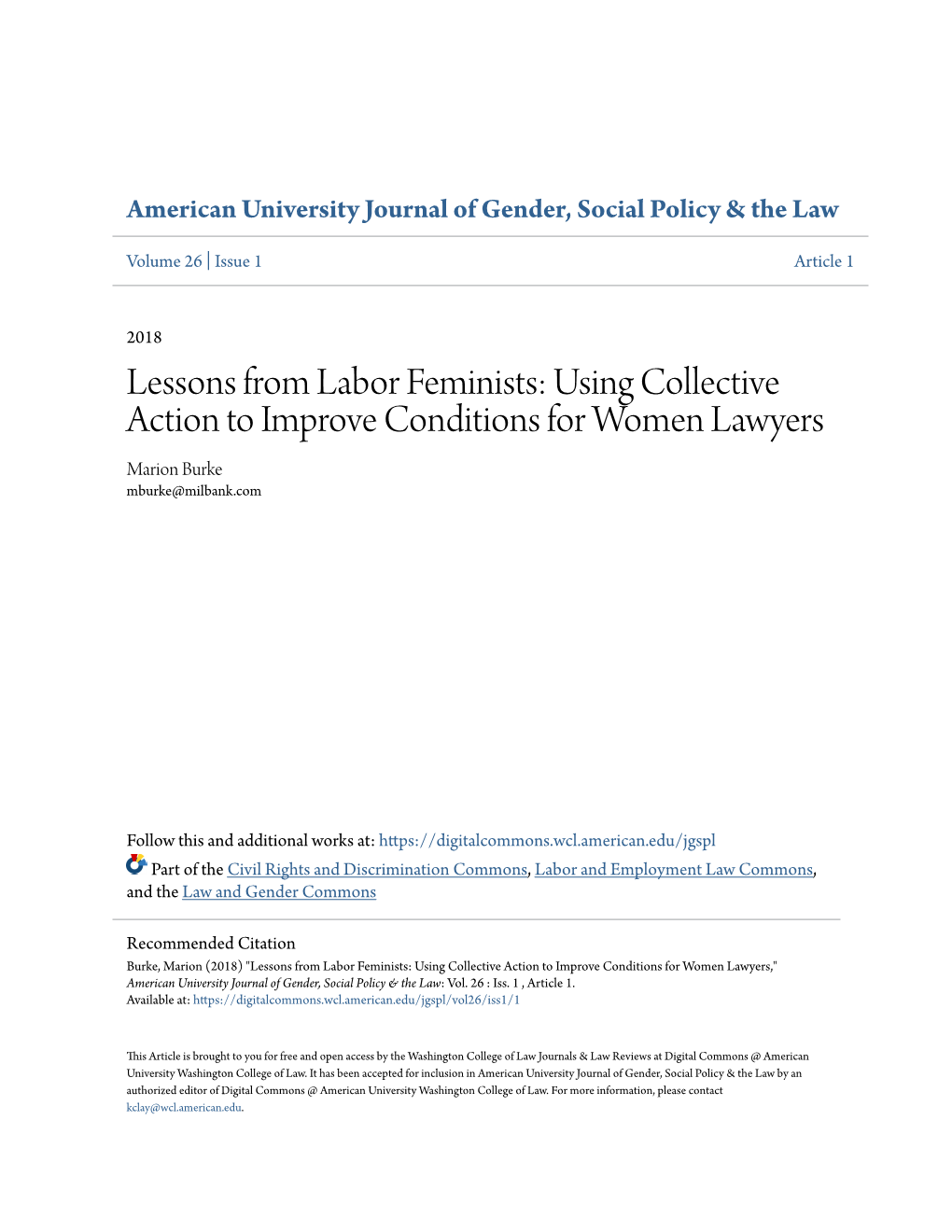 Lessons from Labor Feminists: Using Collective Action to Improve Conditions for Women Lawyers Marion Burke Mburke@Milbank.Com