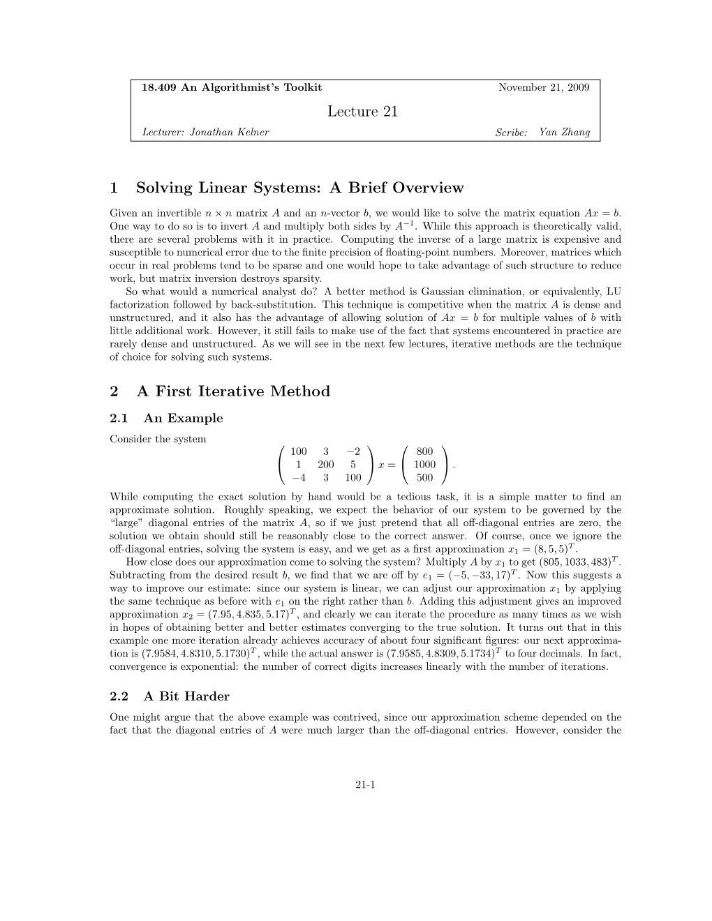 Iterative Methods to Solve Linear Systems, Steepest Descent