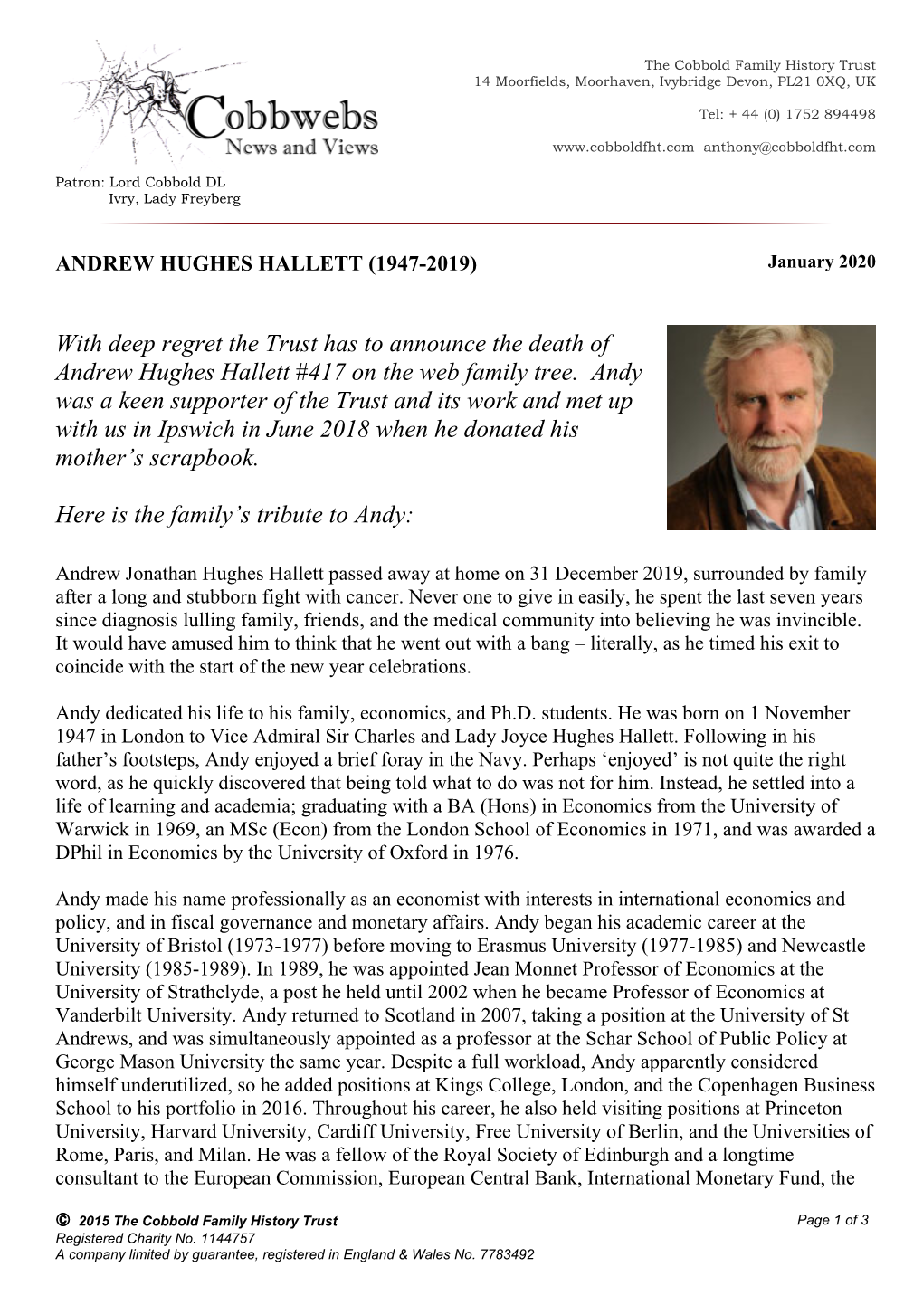 With Deep Regret the Trust Has to Announce the Death of Andrew Hughes Hallett #417 on the Web Family Tree