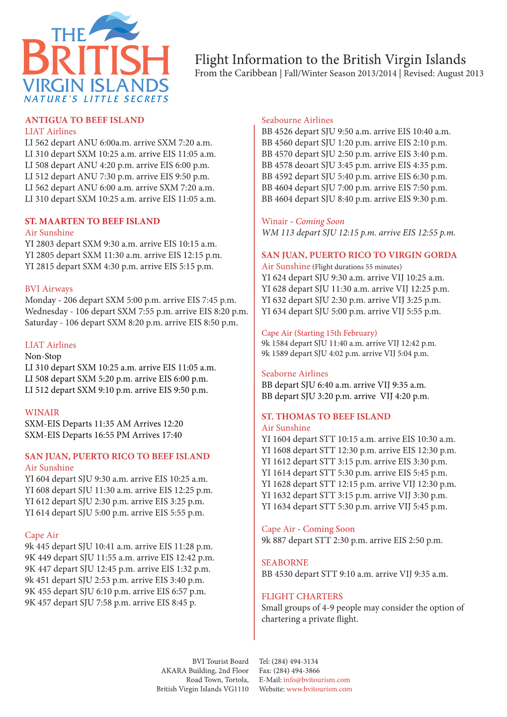 Flight Information to the British Virgin Islands from the Caribbean | Fall/Winter Season 2013/2014 | Revised: August 2013