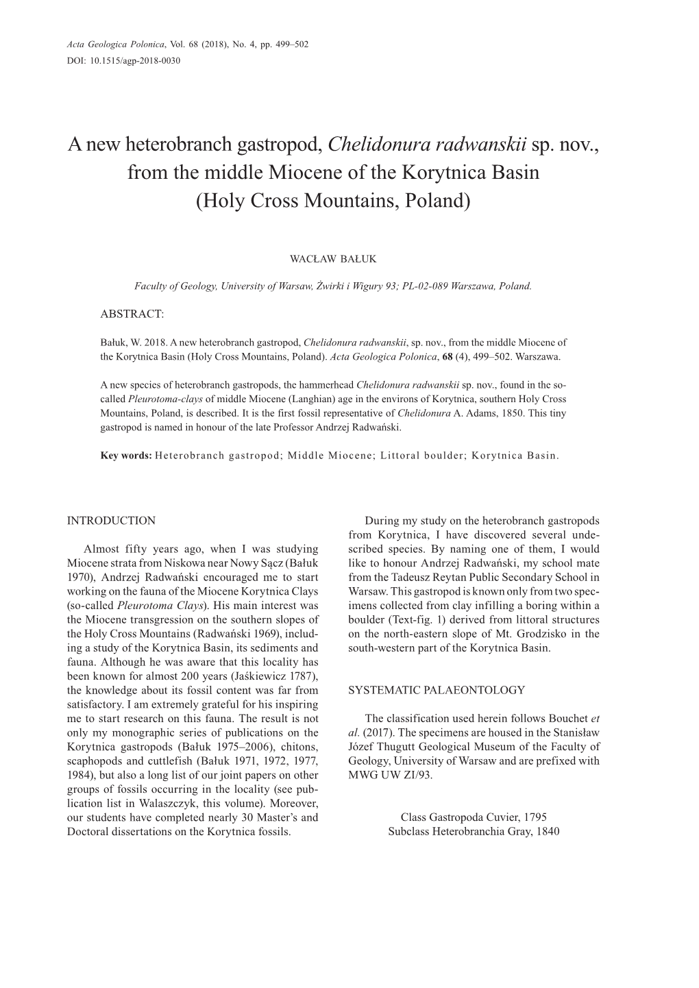 A New Heterobranch Gastropod, Chelidonura Radwanskii Sp. Nov., from the Middle Miocene of the Korytnica Basin (Holy Cross Mountains, Poland)