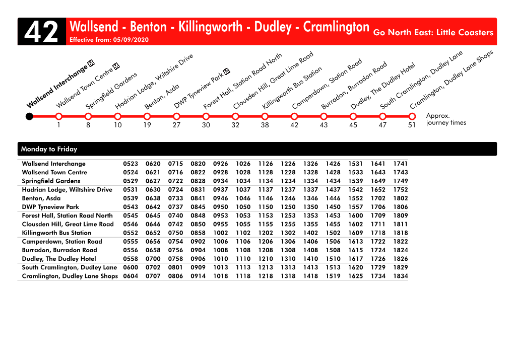 Wallsend - Benton - Killingworth - Dudley - Cramlington Go North East: Little Coasters 42 Effective From: 05/09/2020