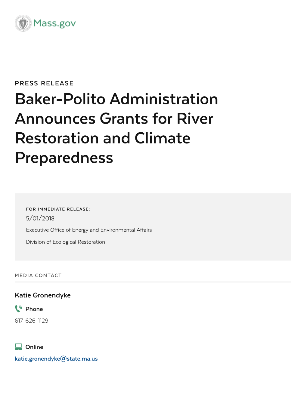 Baker-Polito Administration Announces Grants for River Restoration and Climate Preparedness
