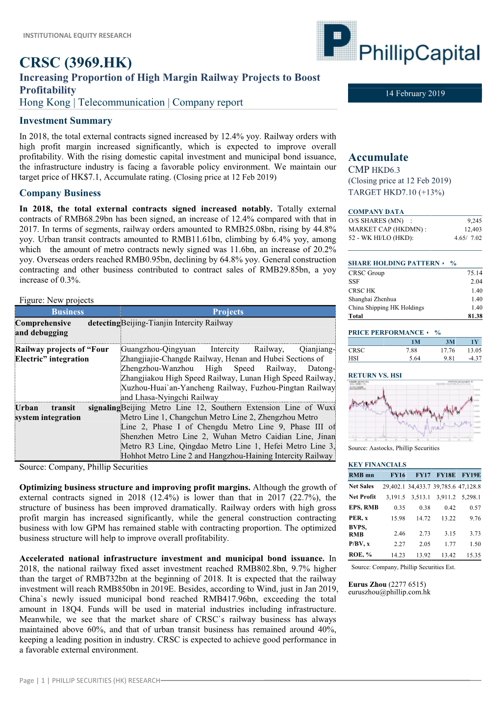 CRSC (3969.HK) Increasing Proportion of High Margin Railway Projects to Boost