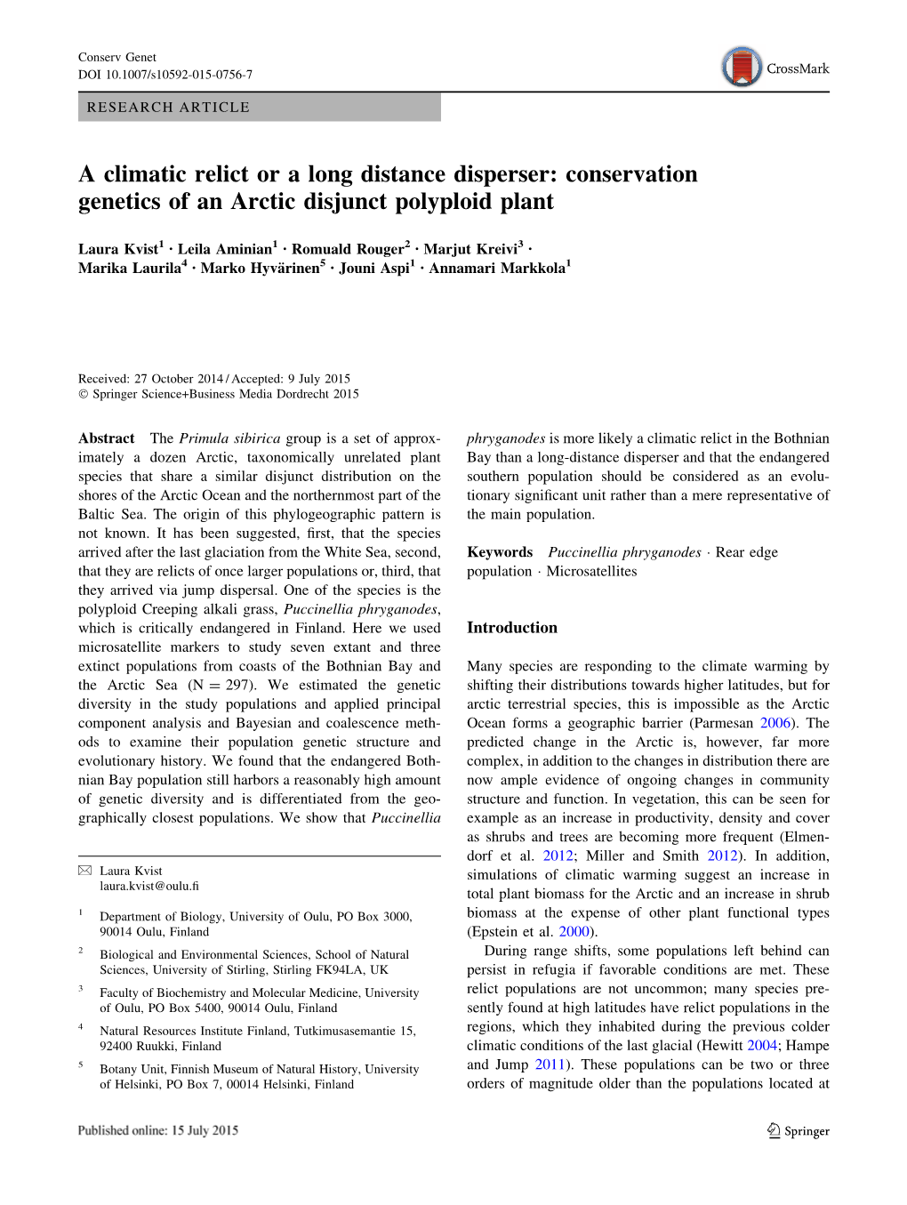 Conservation Genetics of an Arctic Disjunct Polyploid Plant