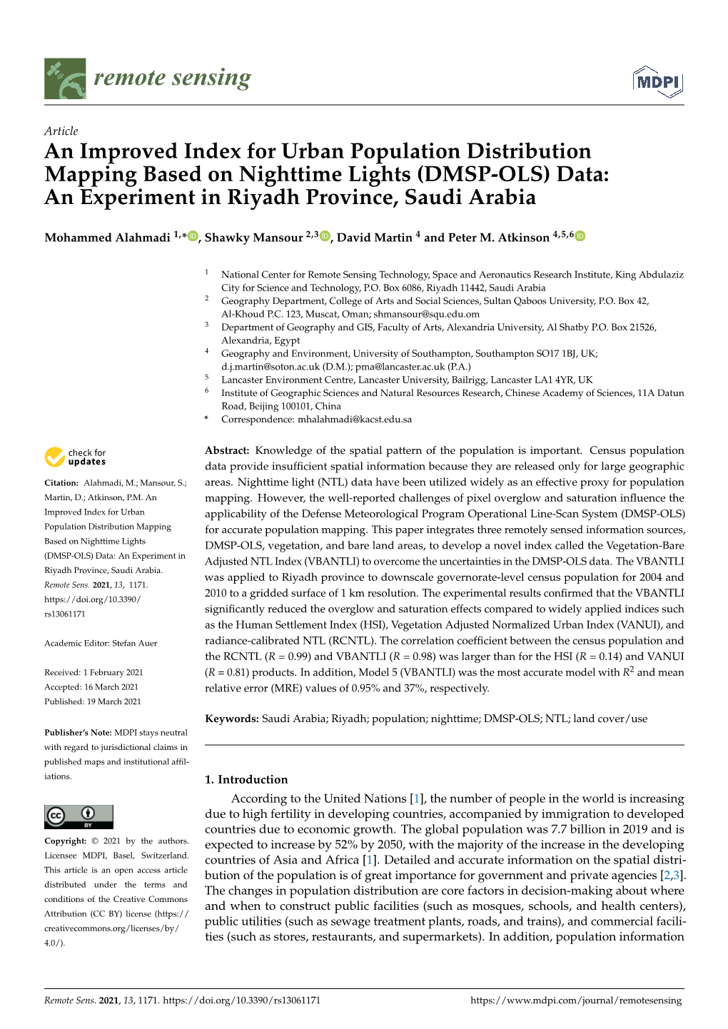 An Improved Index for Urban Population Distribution Mapping Based on Nighttime Lights (DMSP-OLS) Data: an Experiment in Riyadh Province, Saudi Arabia