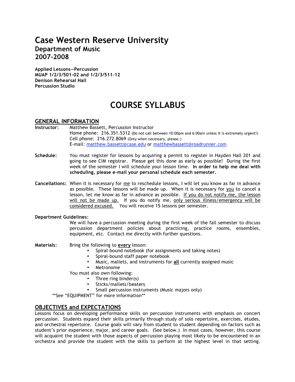 Case Western Reserve University COURSE SYLLABUS