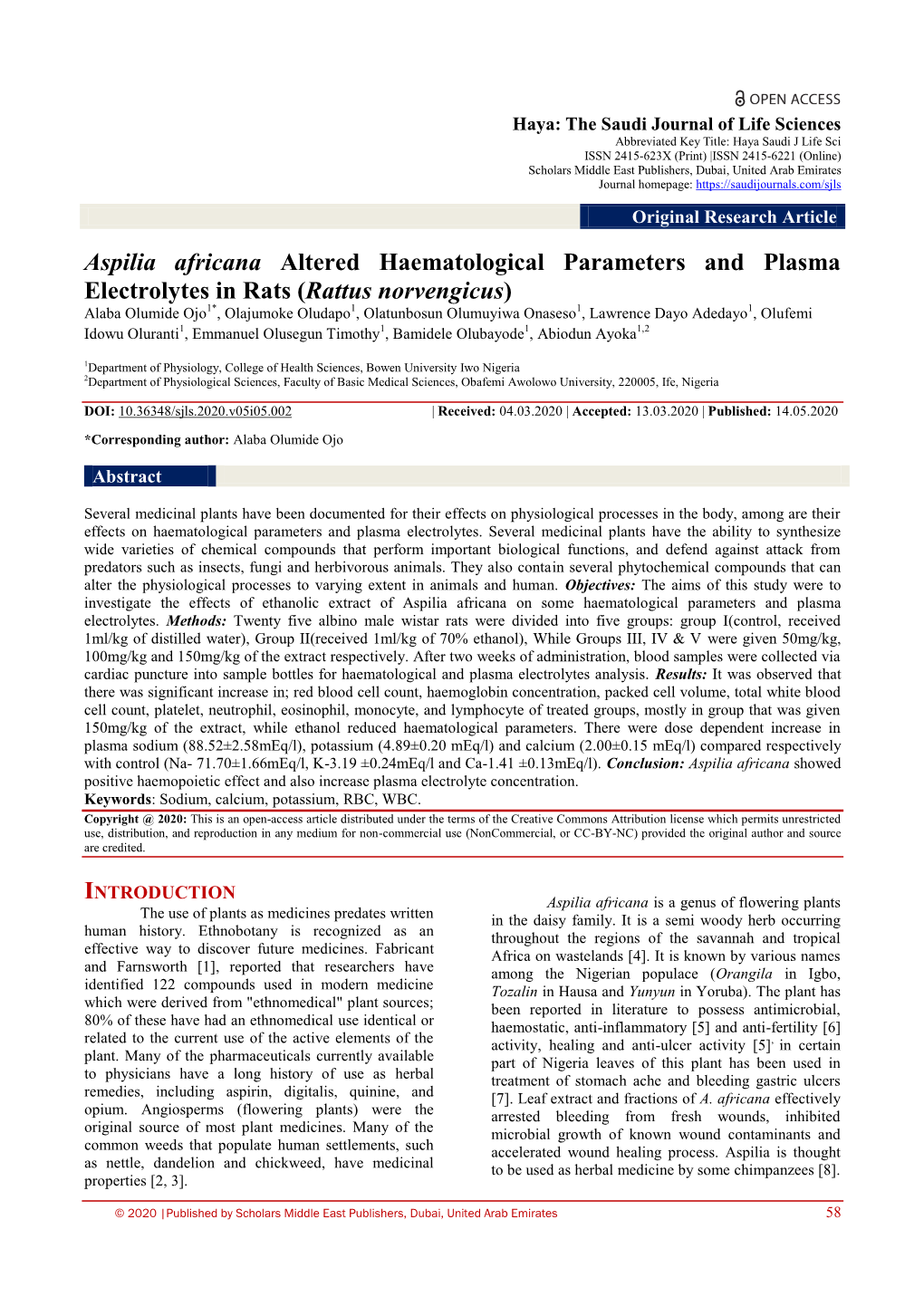 Aspilia Africana Altered Haematological Parameters And