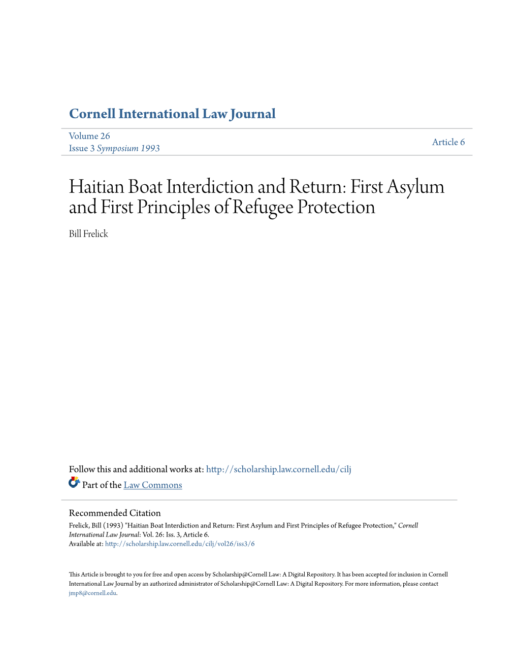 Haitian Boat Interdiction and Return: First Asylum and First Principles of Refugee Protection Bill Frelick