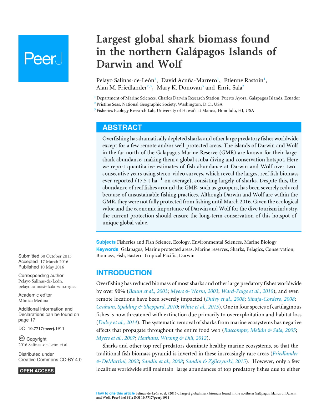 Largest Global Shark Biomass Found in the Northern Galápagos Islands of Darwin and Wolf