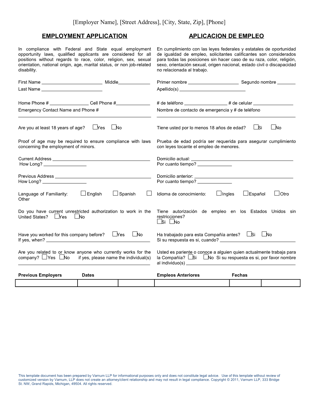 This Template Document Has Been Prepared by Varnum LLP for Informational Purposes Only