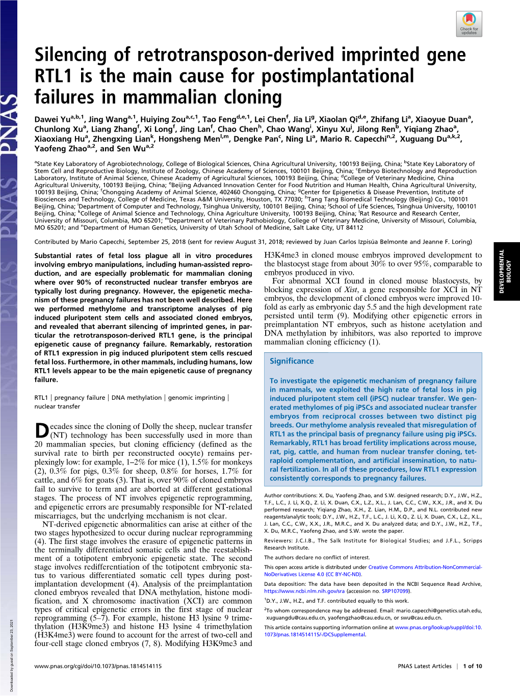 Silencing of Retrotransposon-Derived Imprinted Gene RTL1 Is the Main Cause for Postimplantational Failures in Mammalian Cloning