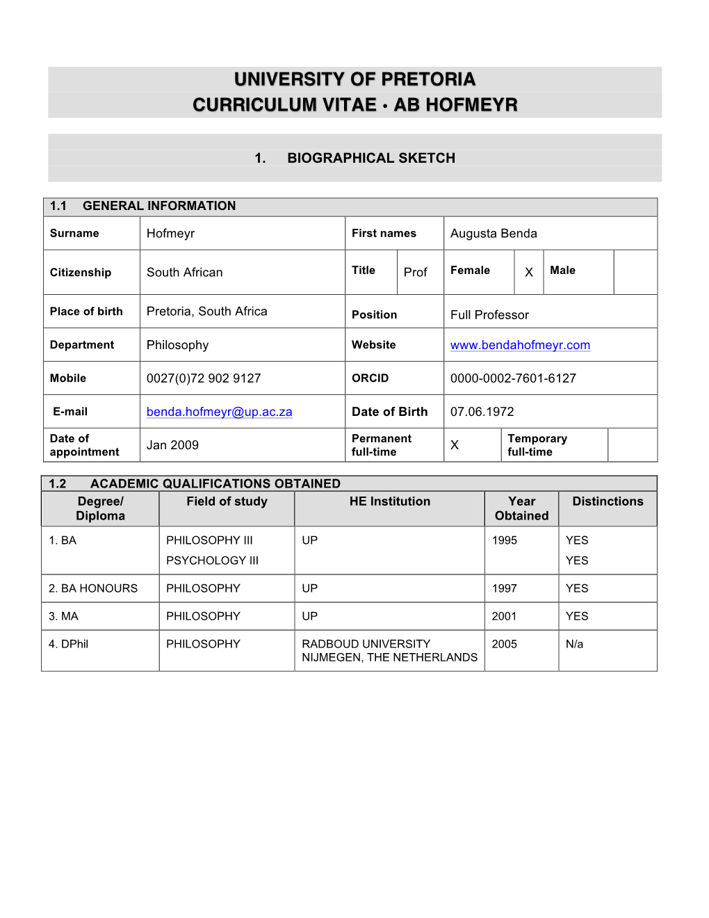 University of Pretoria Curriculum Vitae Ab Hofmeyr