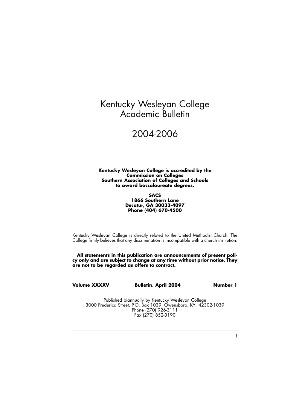 Kentucky Wesleyan College Academic Bulletin 2004-2006