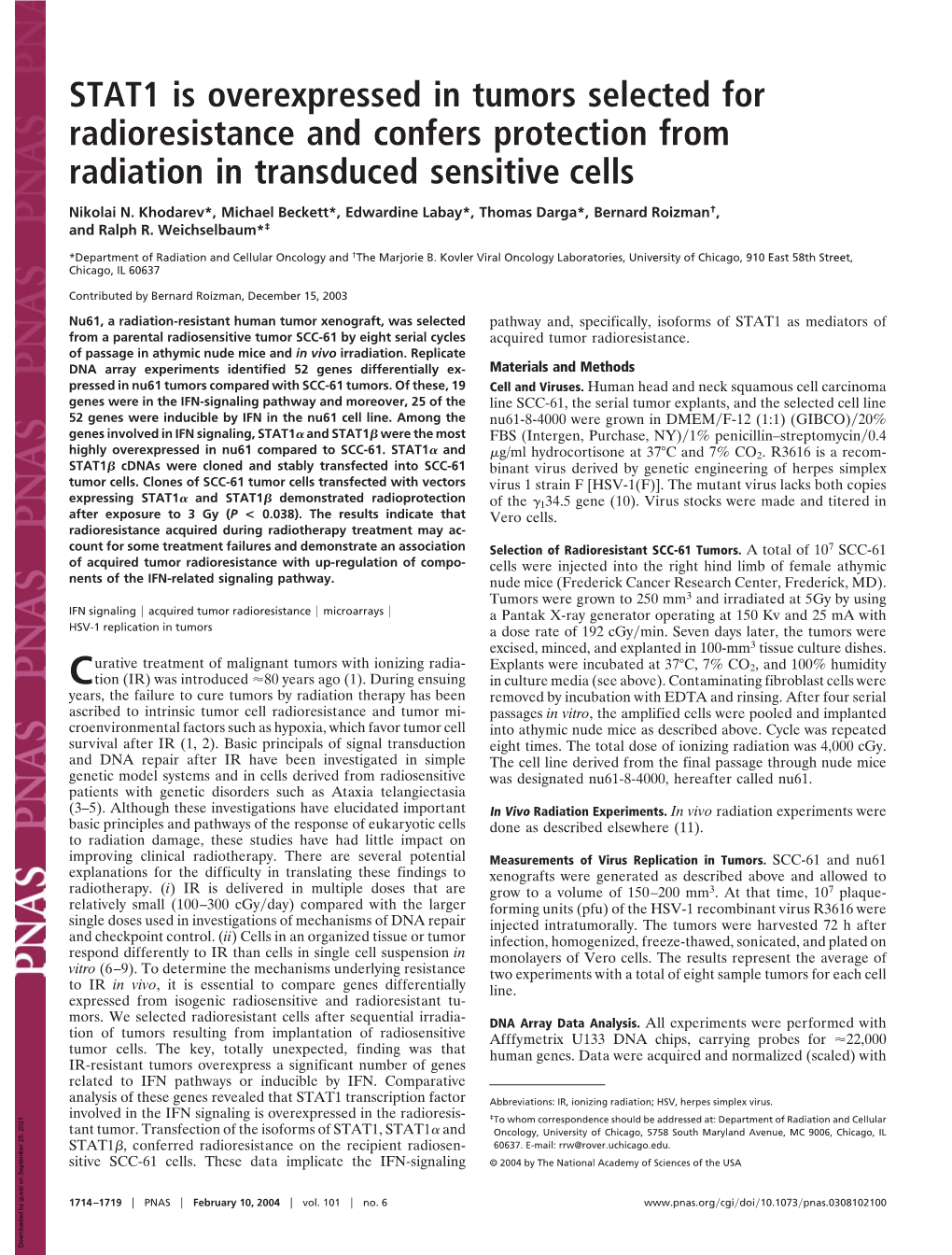 STAT1 Is Overexpressed in Tumors Selected for Radioresistance and Confers Protection from Radiation in Transduced Sensitive Cells