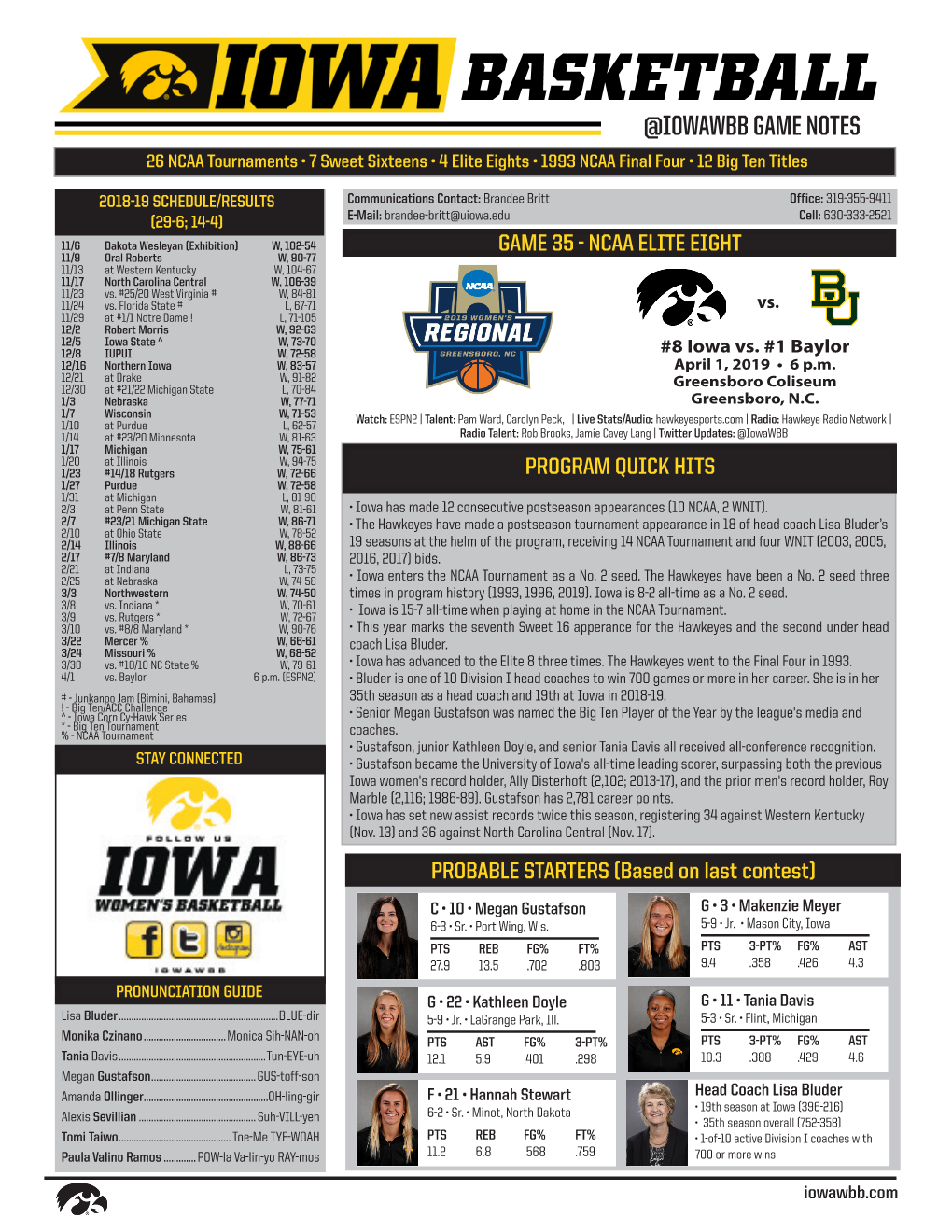 BASKETBALL @IOWAWBB GAME NOTES 26 NCAA Tournaments • 7 Sweet Sixteens • 4 Elite Eights • 1993 NCAA Final Four • 12 Big Ten Titles