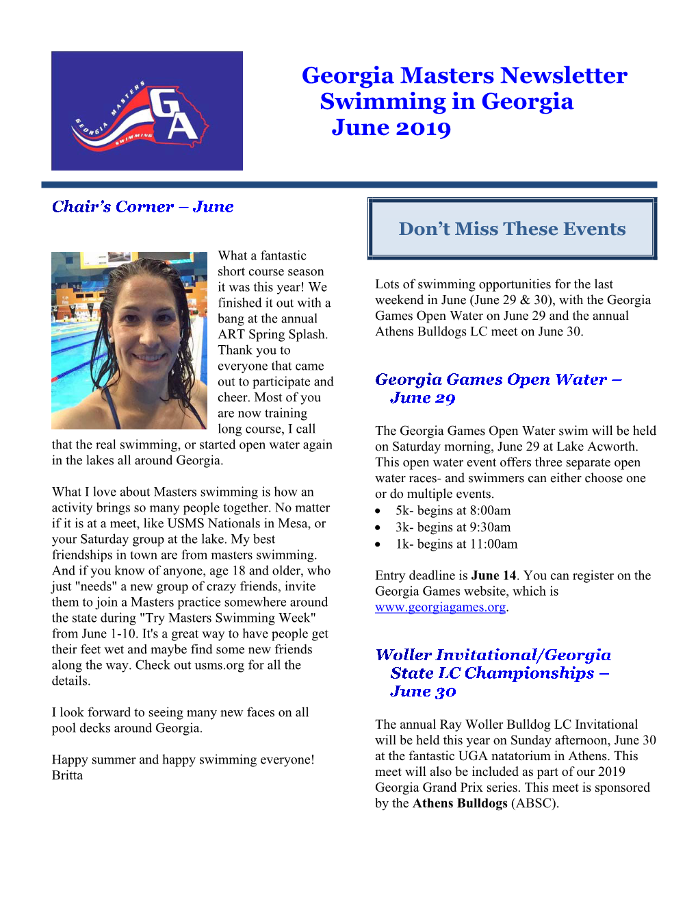 Georgia Masters Newsletter Swimming in Georgia June 2019