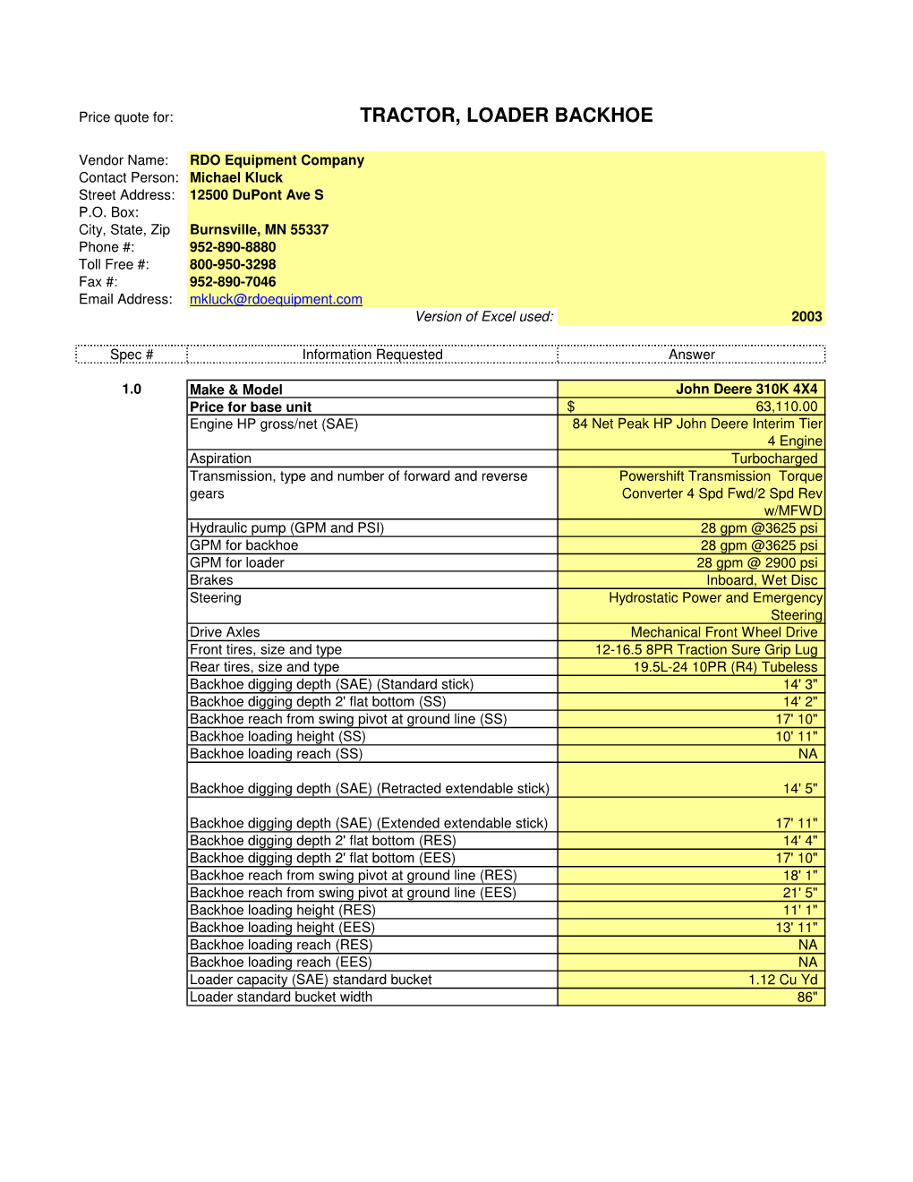 John Deere 310K, Price Schedule and Options