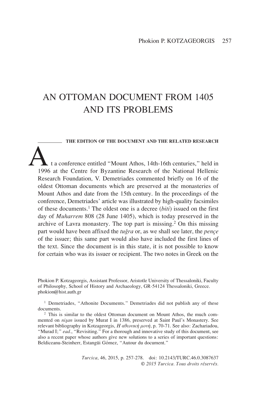An Ottoman Document from 1405 and Its Problems