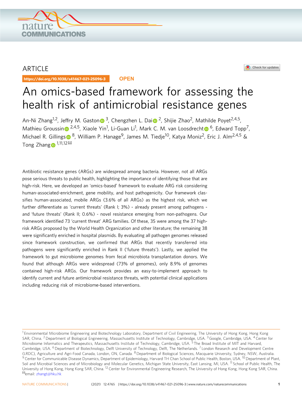 An Omics-Based Framework for Assessing the Health Risk of Antimicrobial Resistance Genes