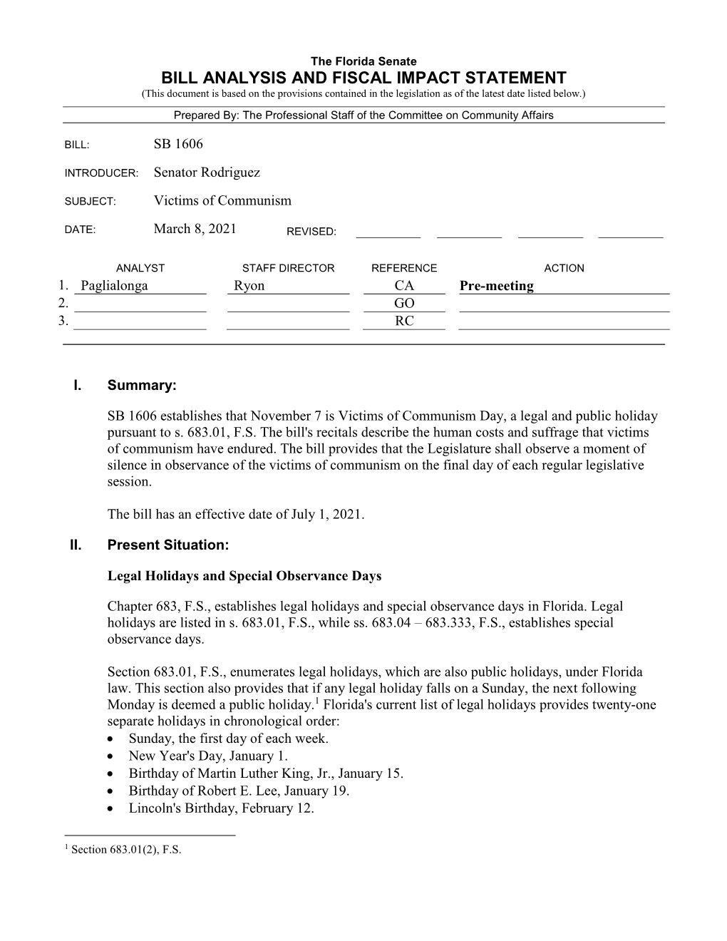 Bill Analysis and Fiscal Impact Statement