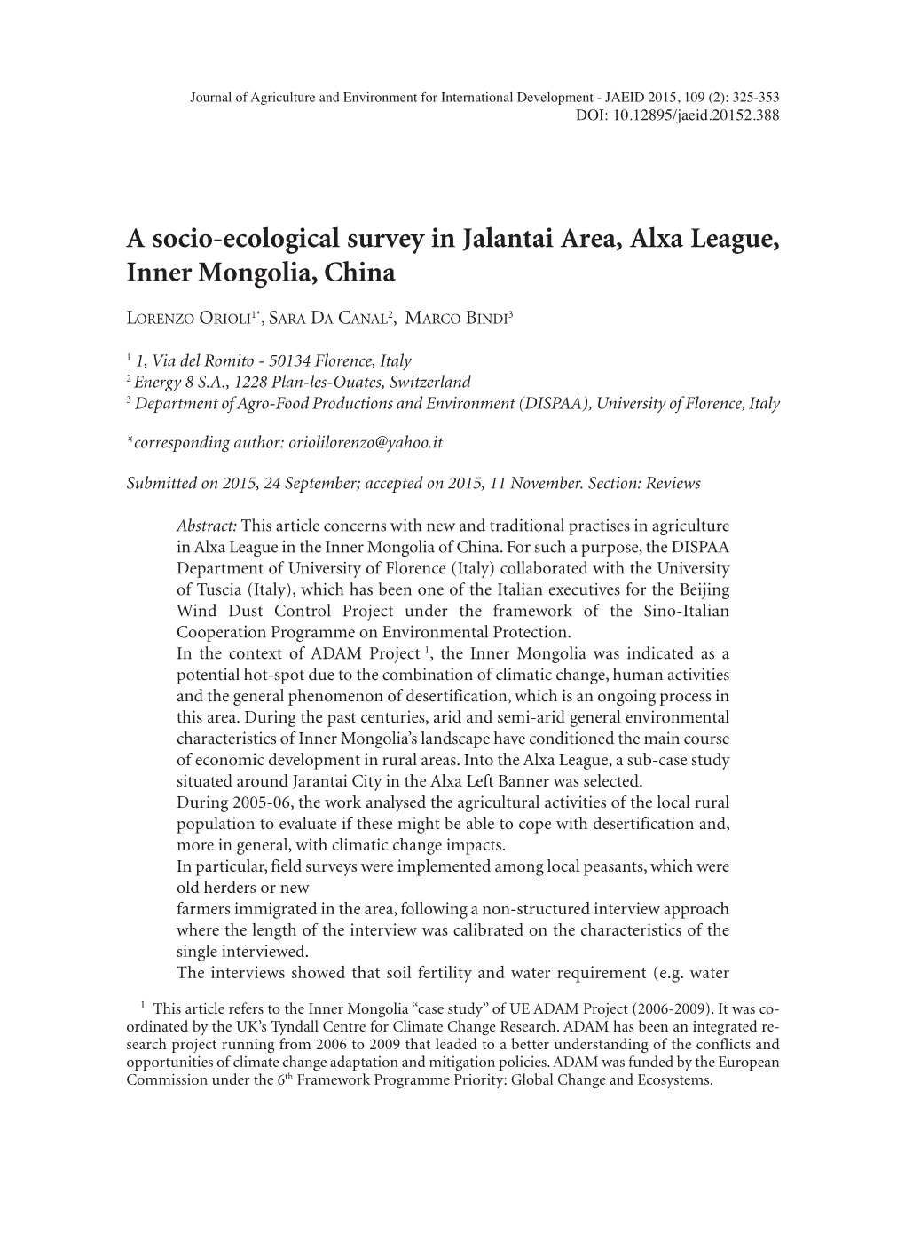 A Socio-Ecological Survey in Jalantai Area, Alxa League, Inner Mongolia, China