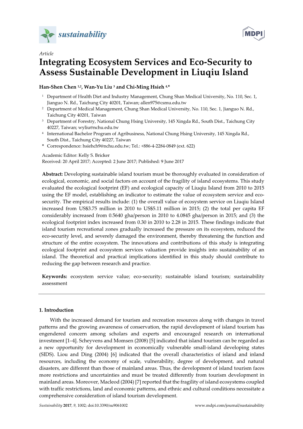 Integrating Ecosystem Services and Eco-Security to Assess Sustainable Development in Liuqiu Island