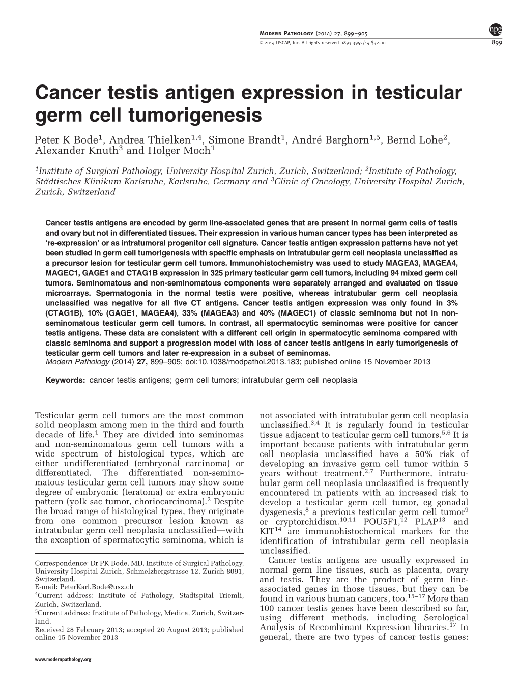 Cancer Testis Antigen Expression in Testicular Germ Cell Tumorigenesis