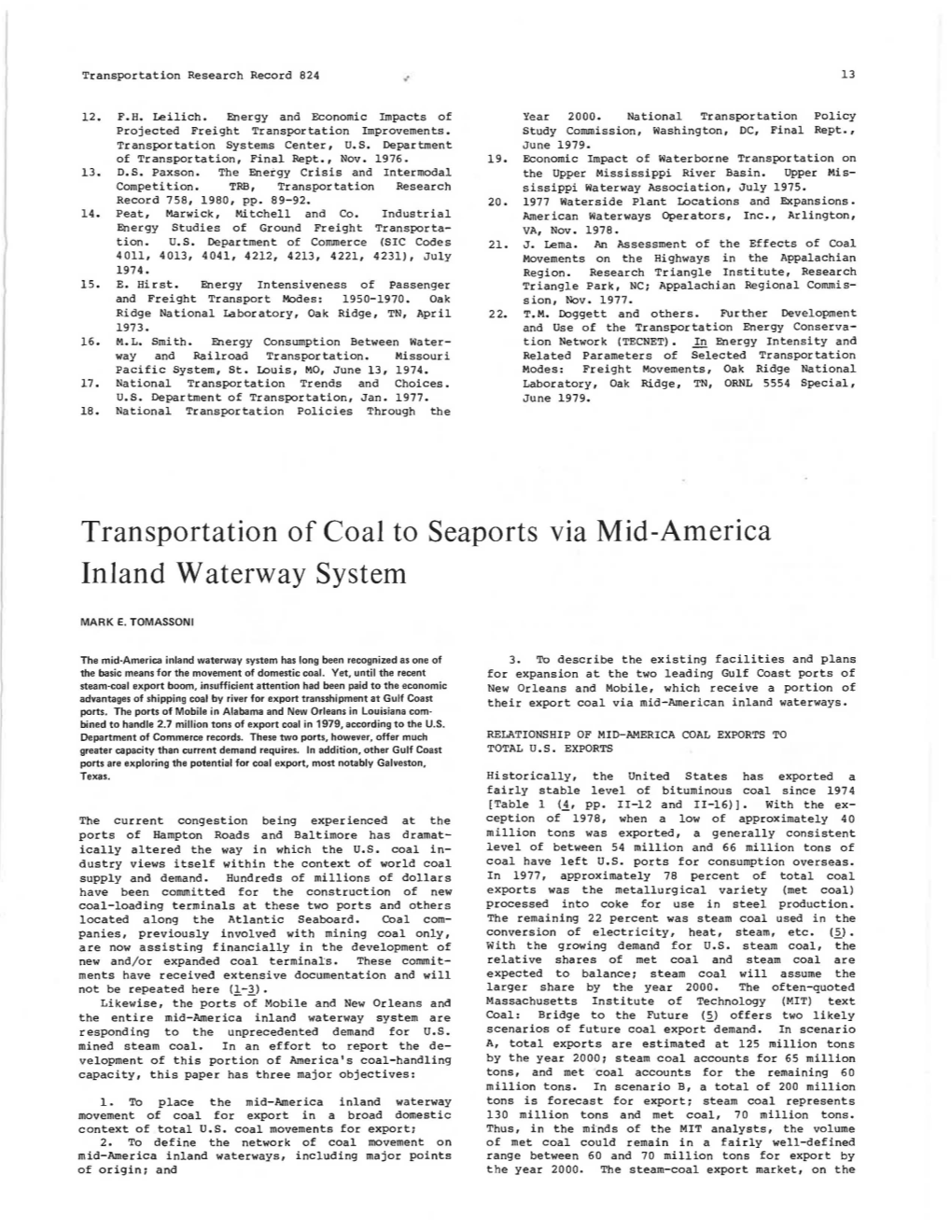 Transportation of Coal to Seaports Via Mid-America Inland Waterway System