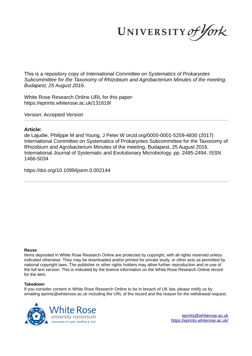 International Committee on Systematics of Prokaryotes Subcommittee for the Taxonomy of Rhizobium and Agrobacterium Minutes of the Meeting, Budapest, 25 August 2016