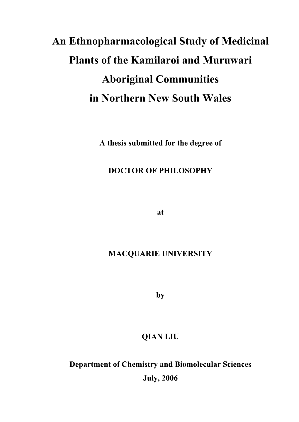 An Ethnopharmacological Study of Medicinal Plants of the Kamilaroi and Muruwari Aboriginal Communities in Northern New South Wales