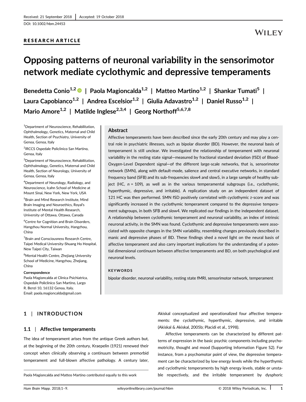 Opposing Patterns of Neuronal Variability in the Sensorimotor Network Mediate Cyclothymic and Depressive Temperaments