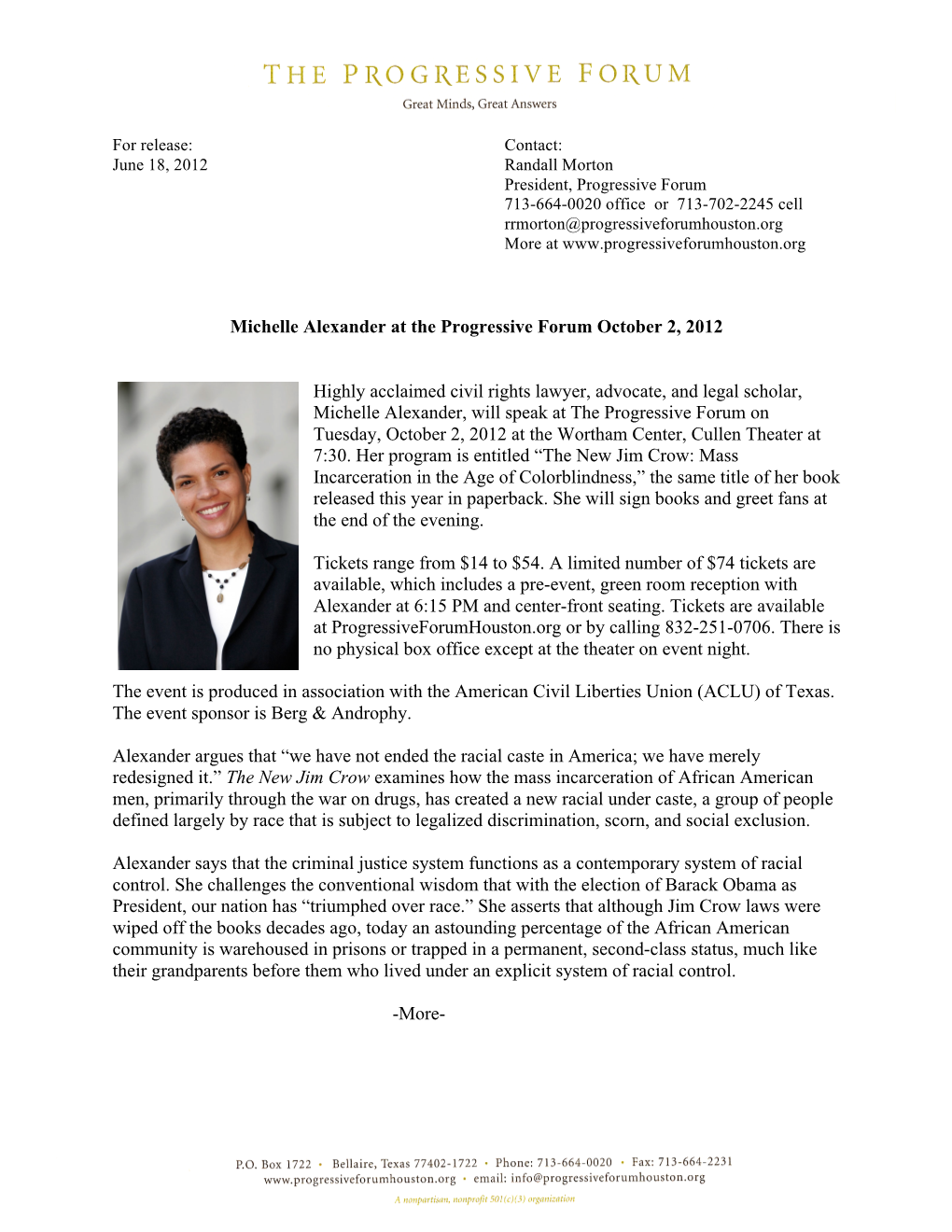 Michelle Alexander at the Progressive Forum October 2, 2012 Highly