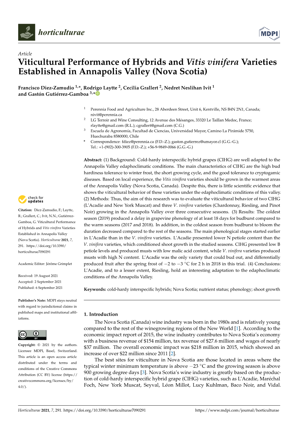 Viticultural Performance of Hybrids and Vitis Vinifera Varieties Established in Annapolis Valley (Nova Scotia)