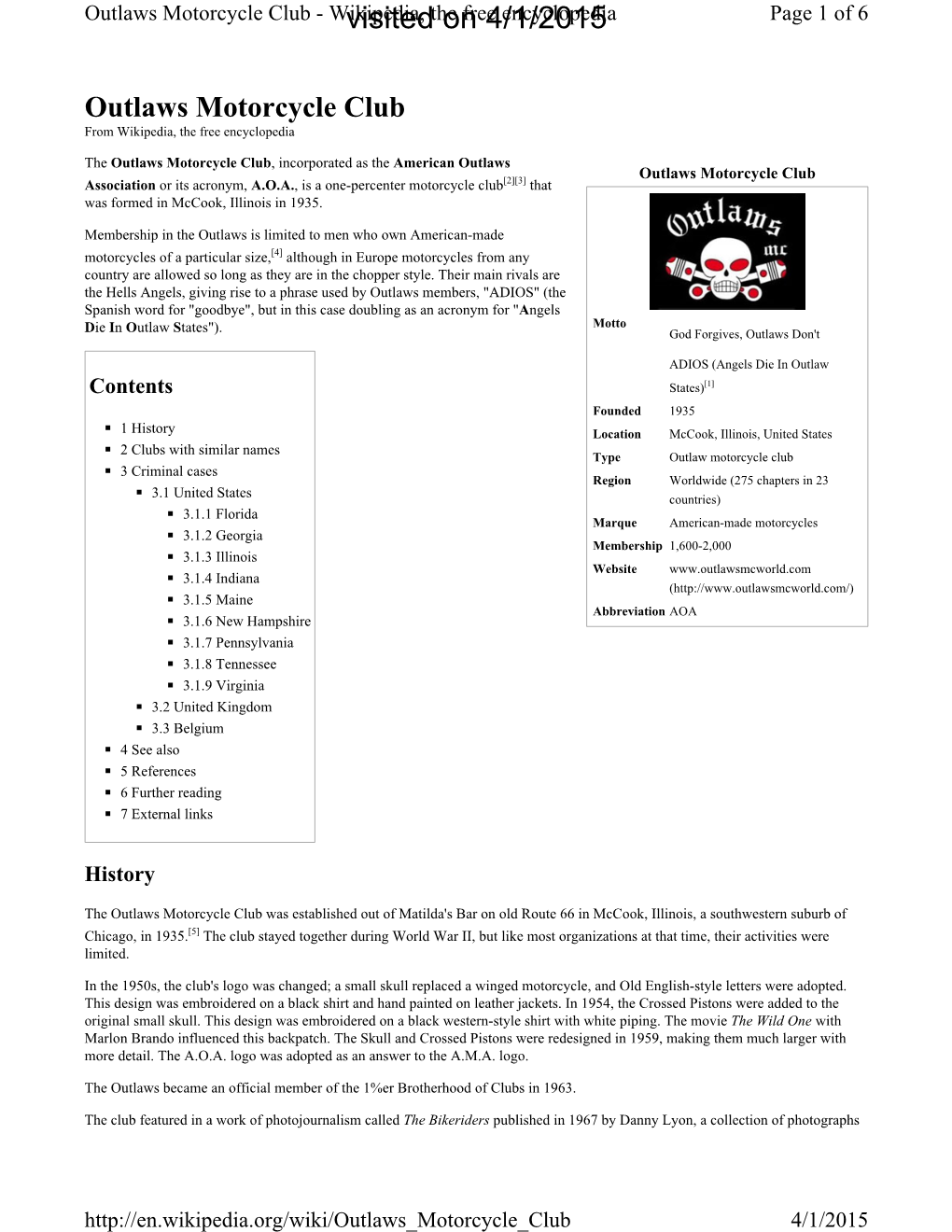 Outlaws Motorcycle Club - Wikvisitedipedia, the on Free 4/1/2015 Encyclopedia Page 1 of 6
