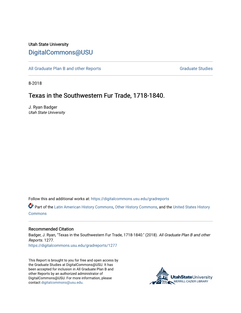 Texas in the Southwestern Fur Trade, 1718-1840