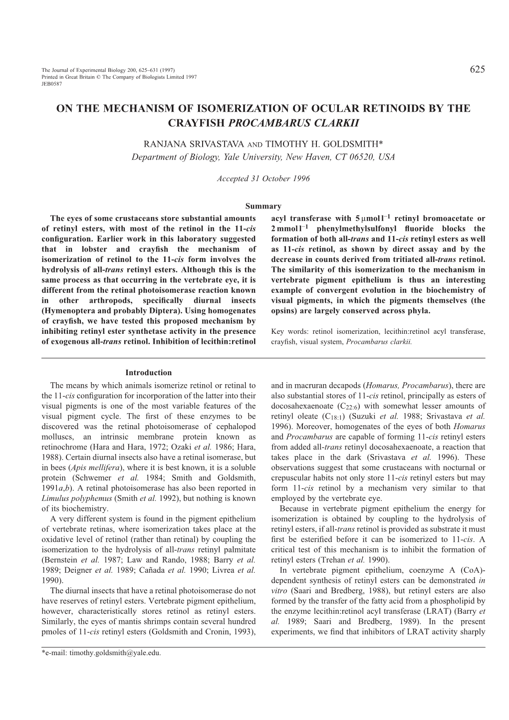 On the Mechanism of Isomerization of Ocular Retinoids by the Crayfish Procambarus Clarkii