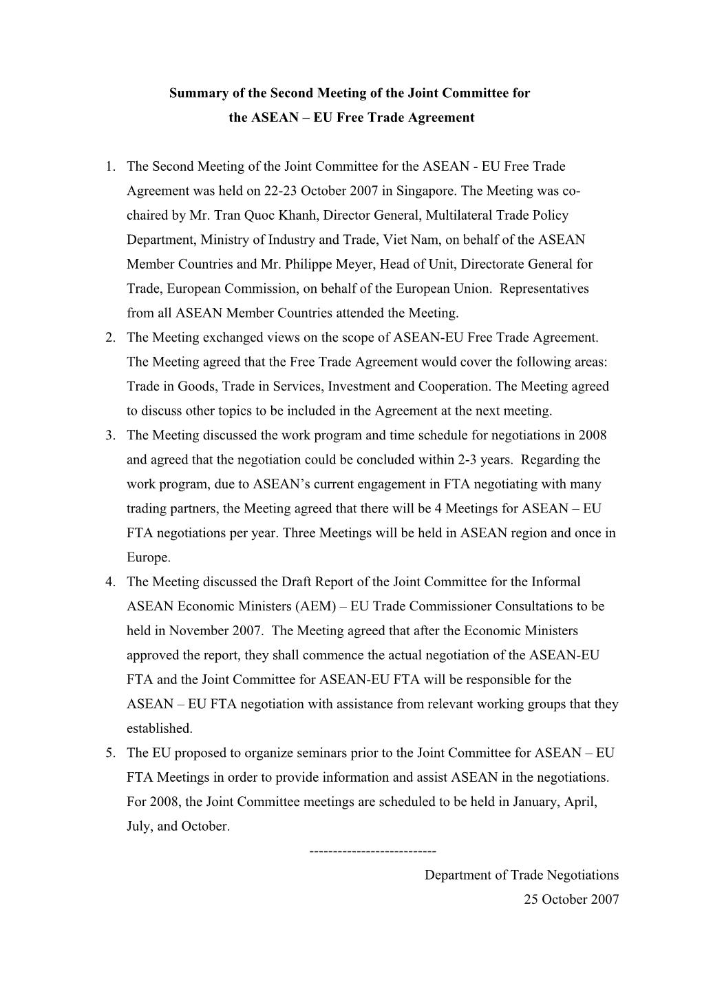 ASEAN EU FTA Joint Committee II