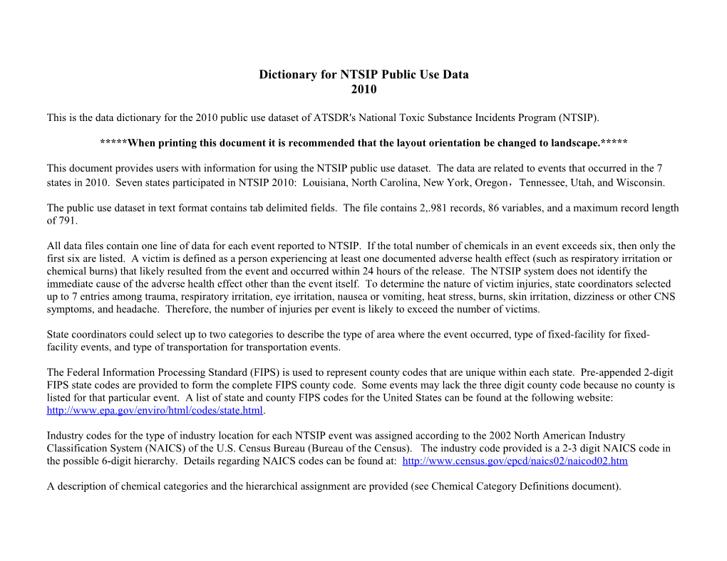 Dictionary for NTSIP Public Use Data